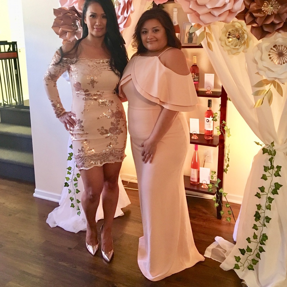 Blush Gown With Open Shoulder Flutter Sleeve - image 4